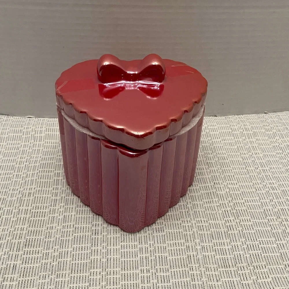 Red Heart-Shaped Ceramic Storage Jar with Bow Lid